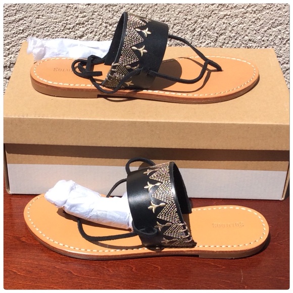 Flat Black Embroidered Sandals w/Wrap Ankle Tassle - Picture 2 of 5